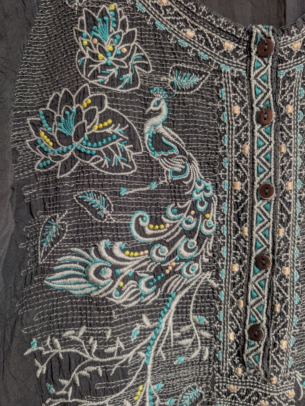 Johnny Was - Black Embroidered Tunic Blouse with Teal & Cream Accents